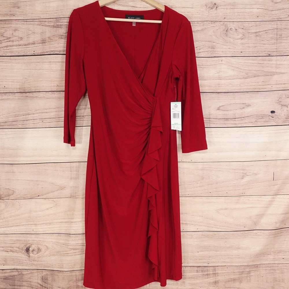 New! Black Label By Evan-Picone Dress Womens 8 Red Wrap Ruched Ruffle 3/4 Sleeve